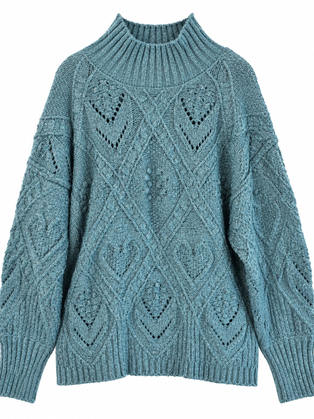 Chunky Cable Funnel Neck Sweater - Dusty Teal